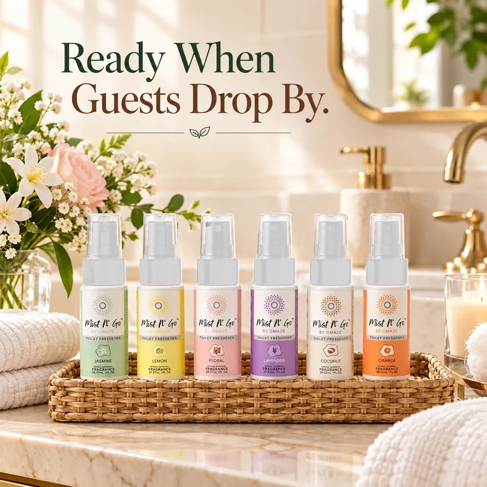 Mist N' Go bottles in a wicker tray on a guest bathroom counter