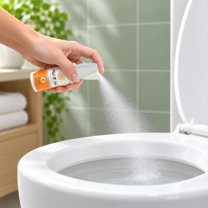 A hand sprays Mist N' Go into the toilet bowl