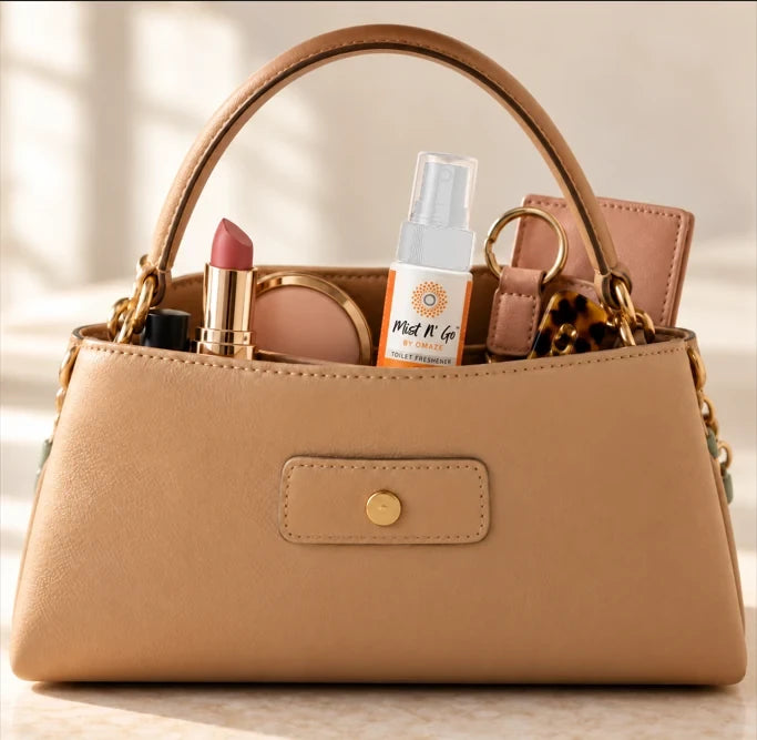 A Mist N' Go bottle in a handbag beside lipstick and a compact
